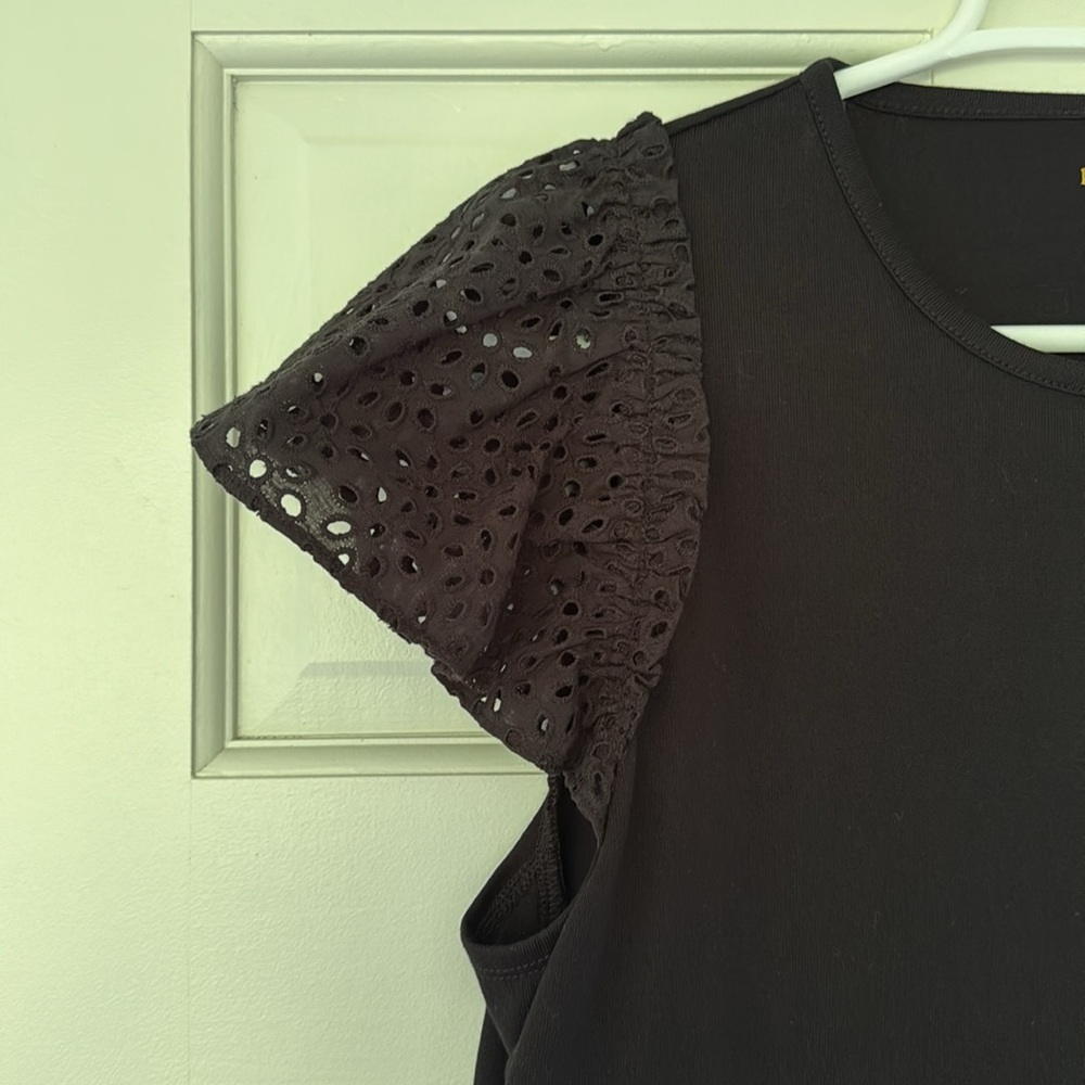 NWT KATE SPADE eyelet mixed media tee shirt size M black shortsleeve cotton - Picture 3 of 6